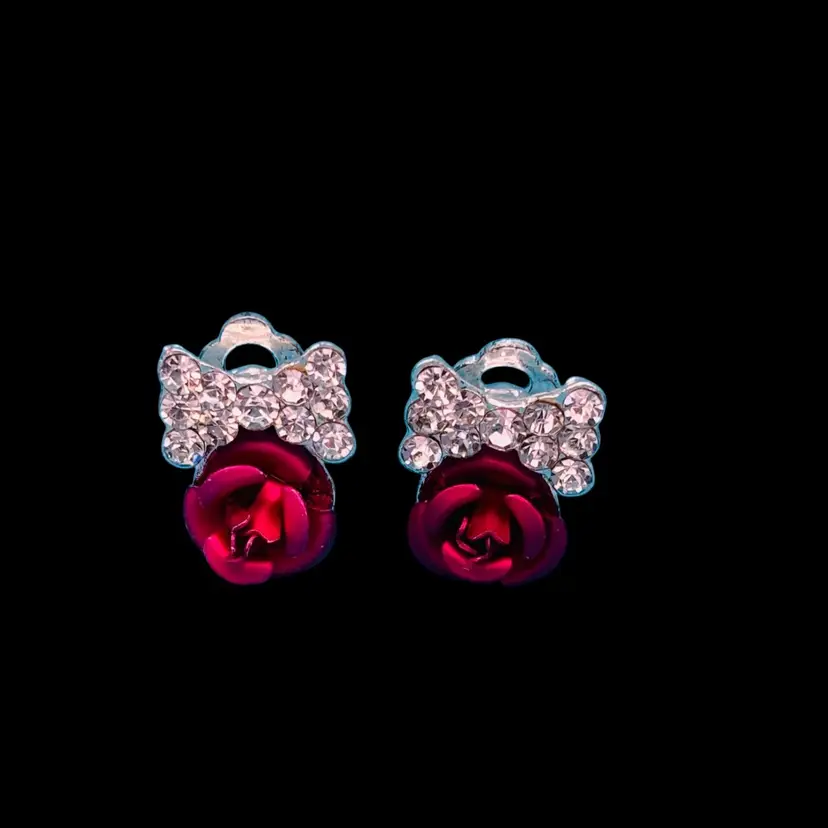 Rhinestone Bow & Red Rose Stud Earrings – Romantic Floral Design