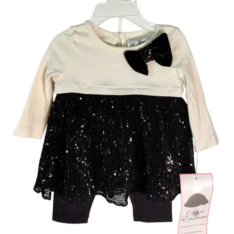 Rare Editions Two Piece Girls Outfit Sz 3-6 Months Cream & Black Top with Sequins & Bow Black Stretch Pants New with Tags Contemporary Holiday/ Picture Outfit