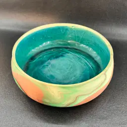Garden of the Gods Handmade Pottery Bowl 7” Swirled Design Bright Teal Glaze Colorado Springs