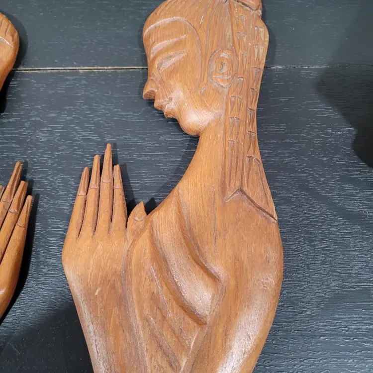 Midcentury Wood Polynesian Praying Sisters Bohemian Decor