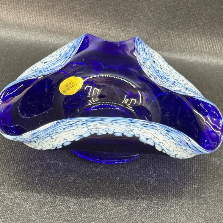 Handcrafted German Cobalt Blue & White Art Glass Bowl