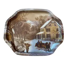 This is a vintage metal serving tray featuring the "American Homestead Winter" scene by Currier & Ives