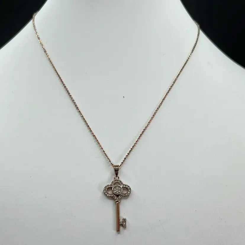 Lucky Key Rhinestone Pendant Rose Gold Colored, 18” Long Marked