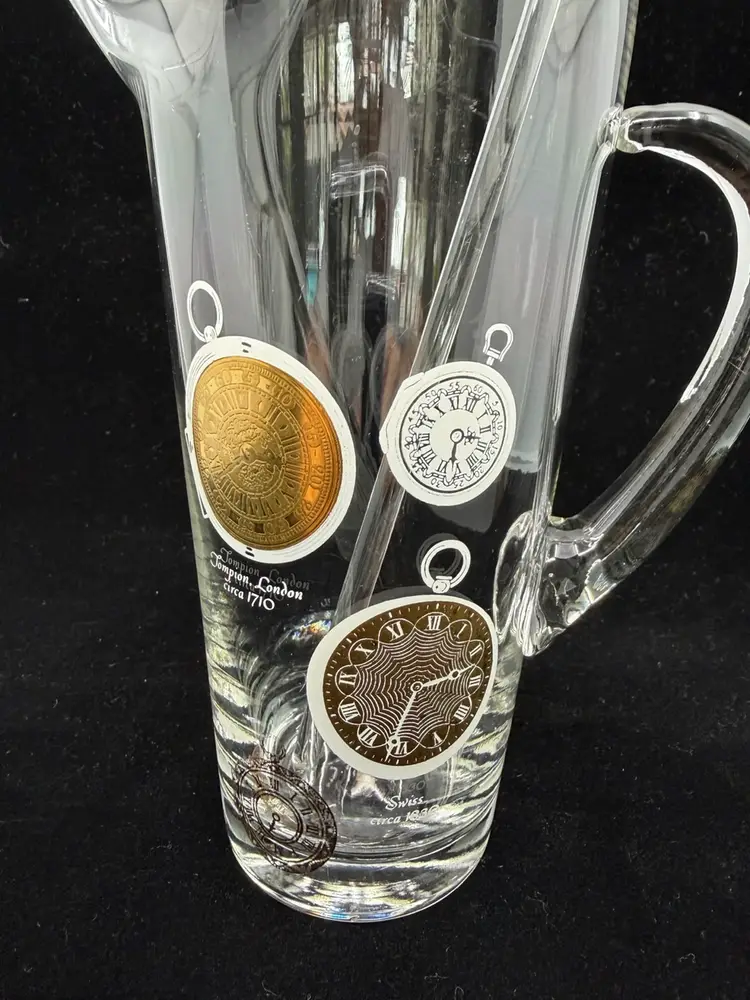 Vintage Glass Martini Pitcher 22K Gold Graphics Clocks W Long Glass Stirring Rod