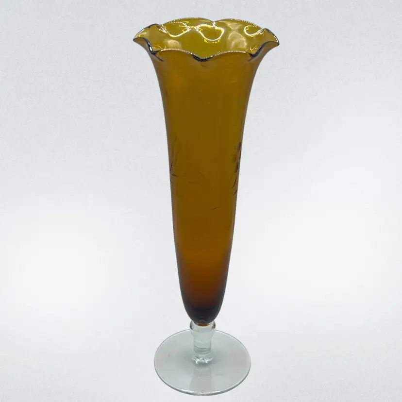 Amber Vintage Glass Fluted Bud Vase Clear Footed Stem Etched Floral Design 8.75”