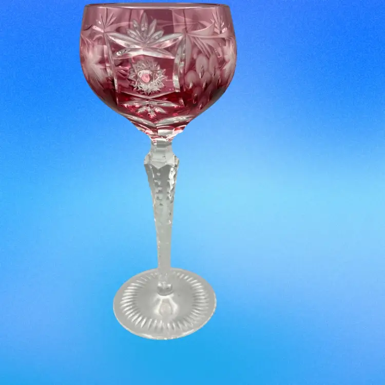 Nachtmann Traube Crystal Wine Glass Cranberry Pink Cut to Clear 8 1/4" Germany