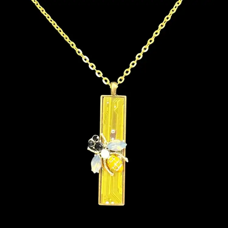 Reinvented Bee Charm On Golden-Green Circuitboard Necklace. Handmade By Me 🫶