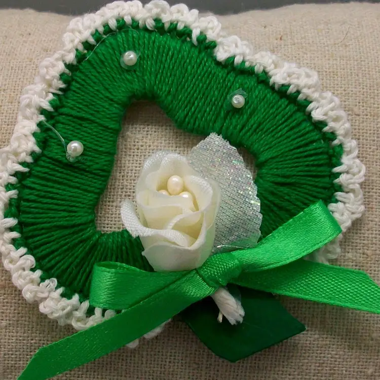 Handmade Crochet Green Shamrock St Paddy's Day Lapel Pin Rosebud Accent 3" x 2.75"