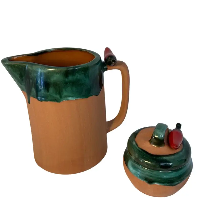 3 Piece Terra Cotta Pitcher With Lidded Bowl Chili Pepper Applied
