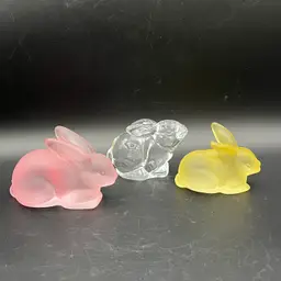 Bunny Rabbits Glass / Crystal Figurines Yellow, Pink & Satin ~  Heavy ~ Set of 3