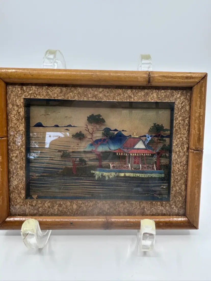 Vintage Framed Asian Colorful Cork Diorama Shadow Box Wall Art 6.75”