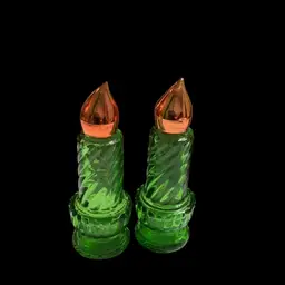 Vintage  1970s Avon Christmas Candle Empty Cologne Bottles. Often filled With Avon Cologne. Green Glass With Metallic Flame Shape Lids. Collectables!