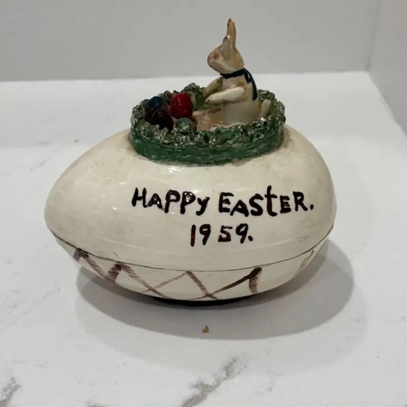 Vintage Ceramic Lidded “Happy Easter 1959” Egg With Bunny On Top