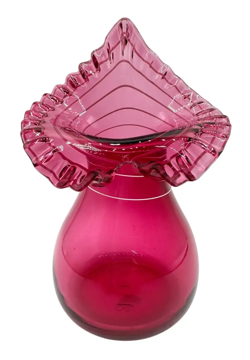 Vintage Fenton Art Glass Jack in the Pulpit Vase Cranberry Pink Stripe Ruffle