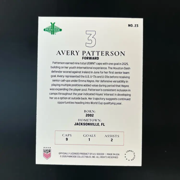 Avery Patteryson 2026 Parkside USWNT The Squad Stars Insert Soccer Card