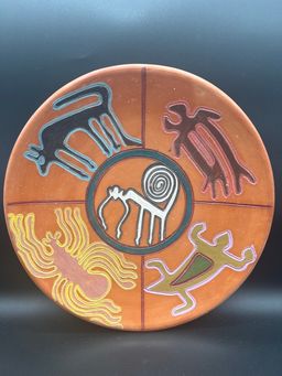 Peruvian Red Clay Nazca Lines Plate 12”