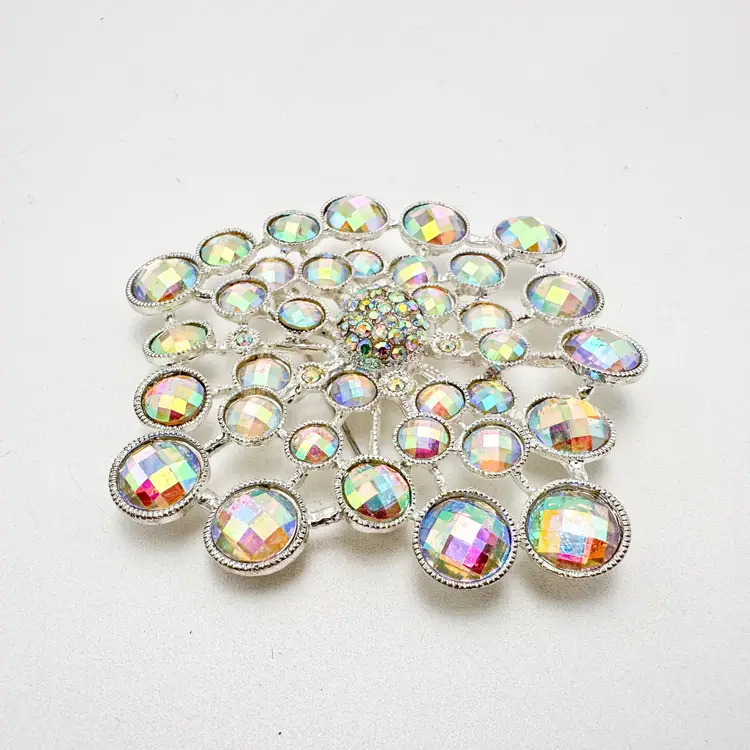 AB Iridescent Brooch Pendant Silver Tone Unbranded Large 3"D