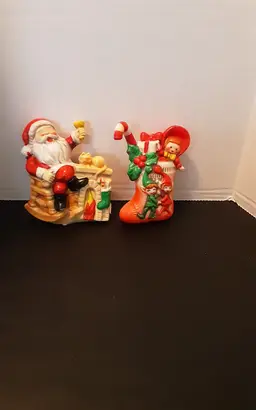 Vintage Plastic Santa Fireside and Christmas Stocking Ornaments