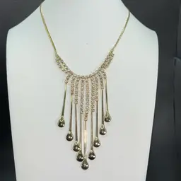 Gorgeous, Gold Tone, Bib Necklace, Rhinestones And Gold Drops, Spring Ring Clasp 16” Long