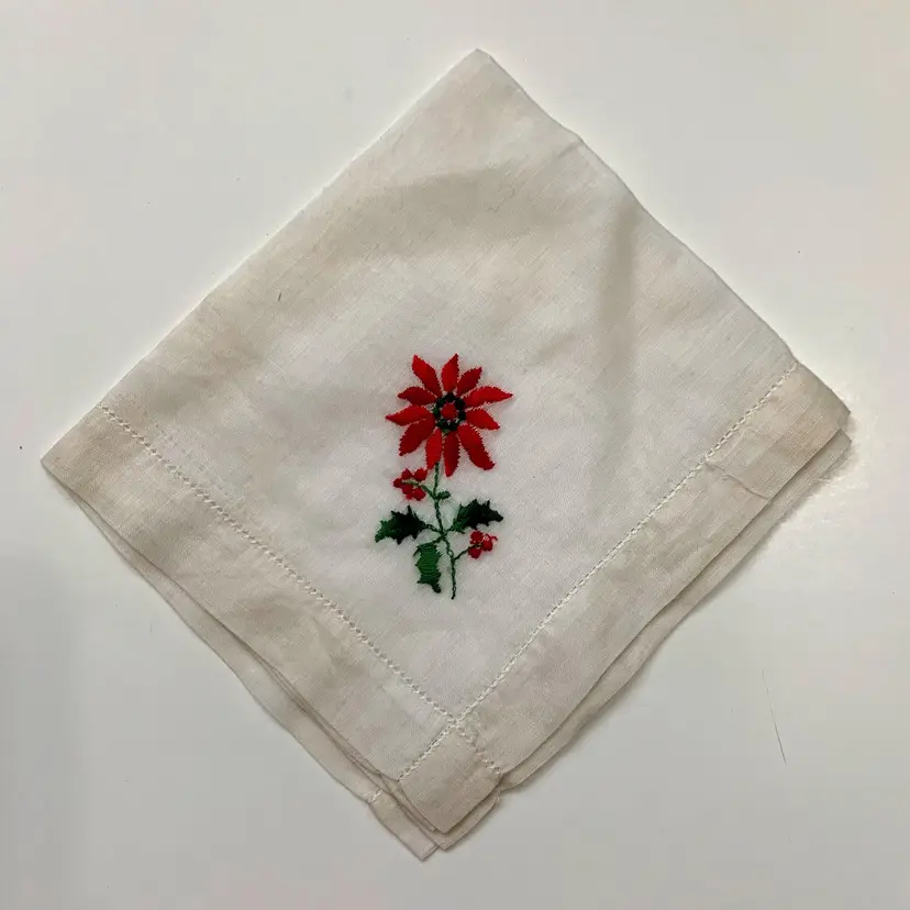 Embroidered Red Poinsettia Christmas Handkerchief Holiday Cottage Core Granny Vintage