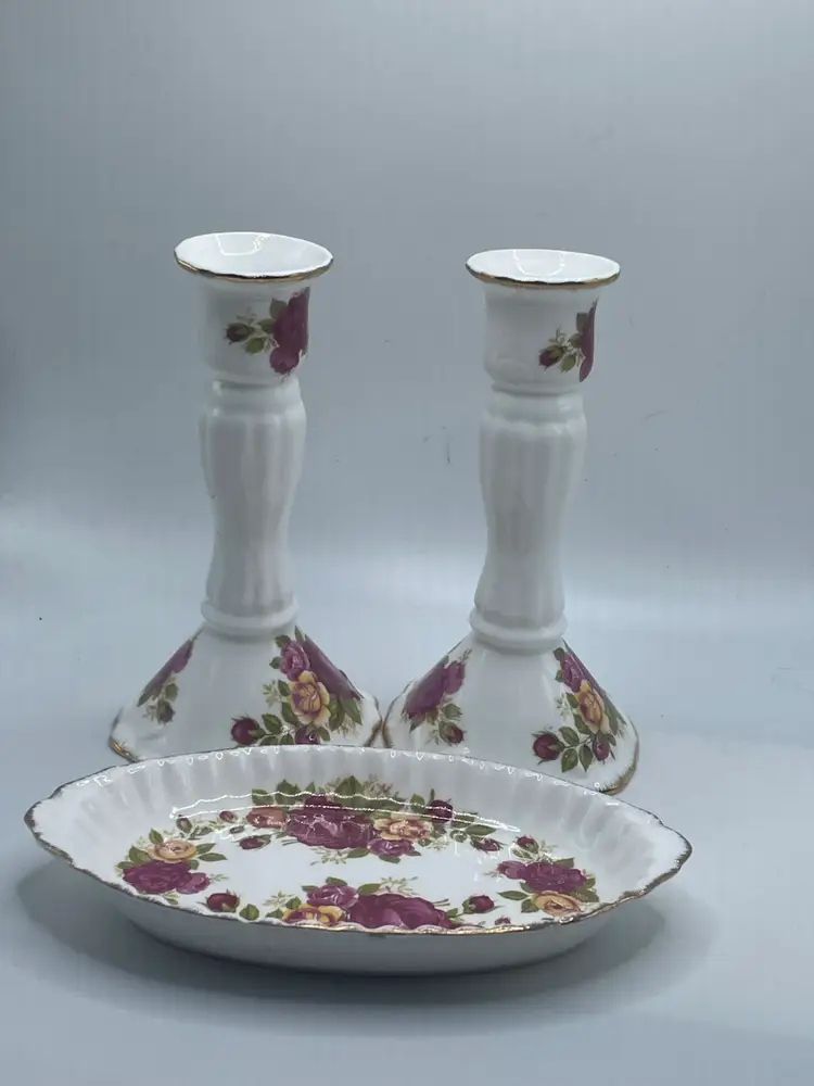 Vintage Fine China “Cottage Rose” 5 Inch Candlestick Holders And Trinket Dish
