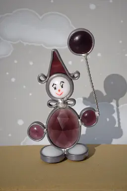 Vtg Stained Glass Standing Figural Clown Suncatcher Purple Handmade Faceted 80s