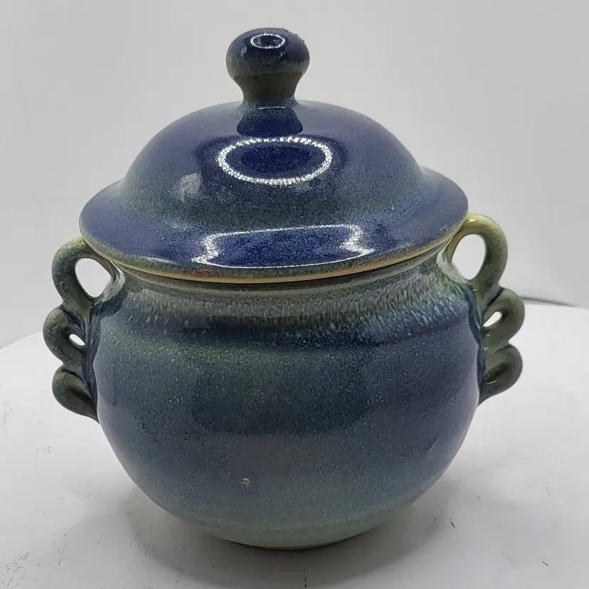 Vintage Blue Glazed Ceramic Lidded Jar 5" round 5.5" tall