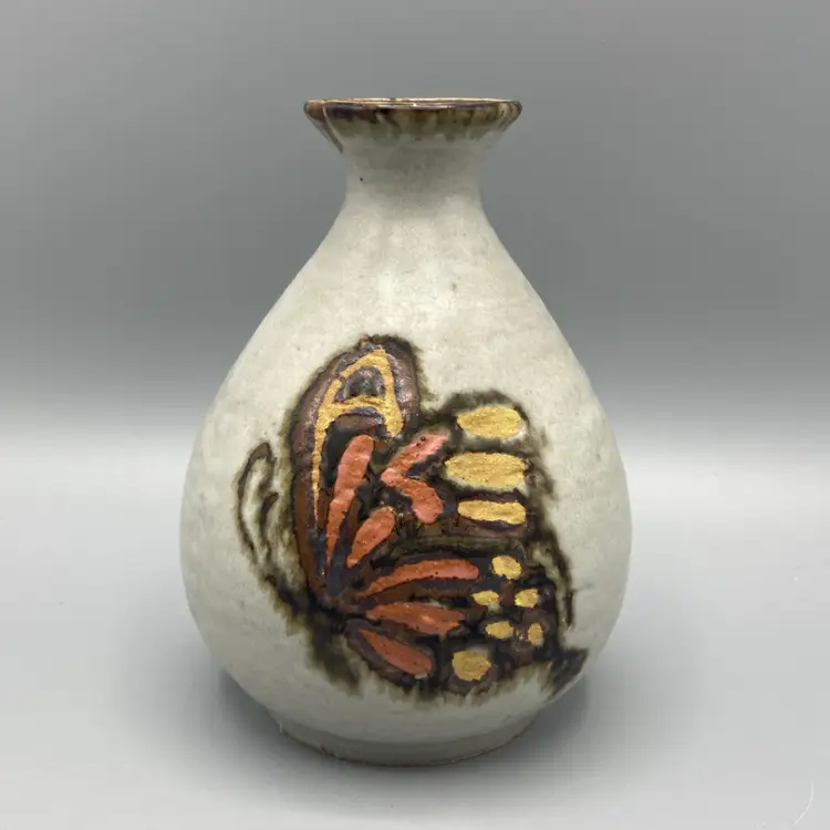 Vintage MCM Otagiri Stoneware Pottery Bud Vase Butterfly 5" Tall