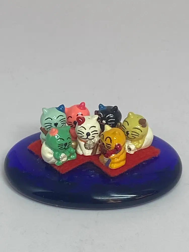 Set of Miniature Japanese Lucky Cat Figurines, aka, Maneki Neko On a Blue Glass Base