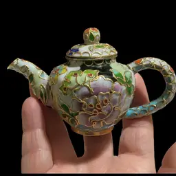 Vintage Enamel Cloisonné Ornamental Miniature Teapot. With Multicolored Floral Design. Made In China.