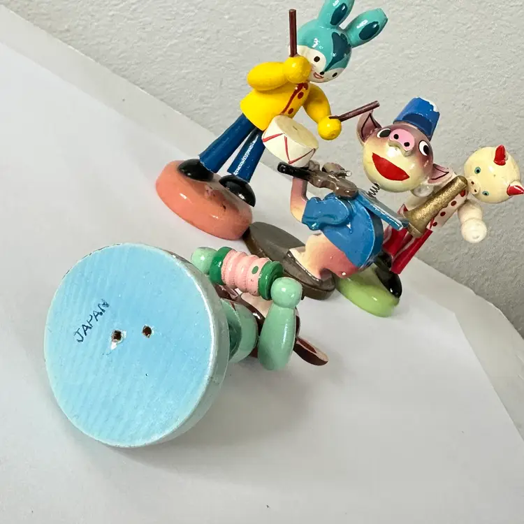4 Mini Wooden Vtg Japan Animals Music Band Figurines Pigs, Bunny,  Monkey Kitsch Figurines Lot