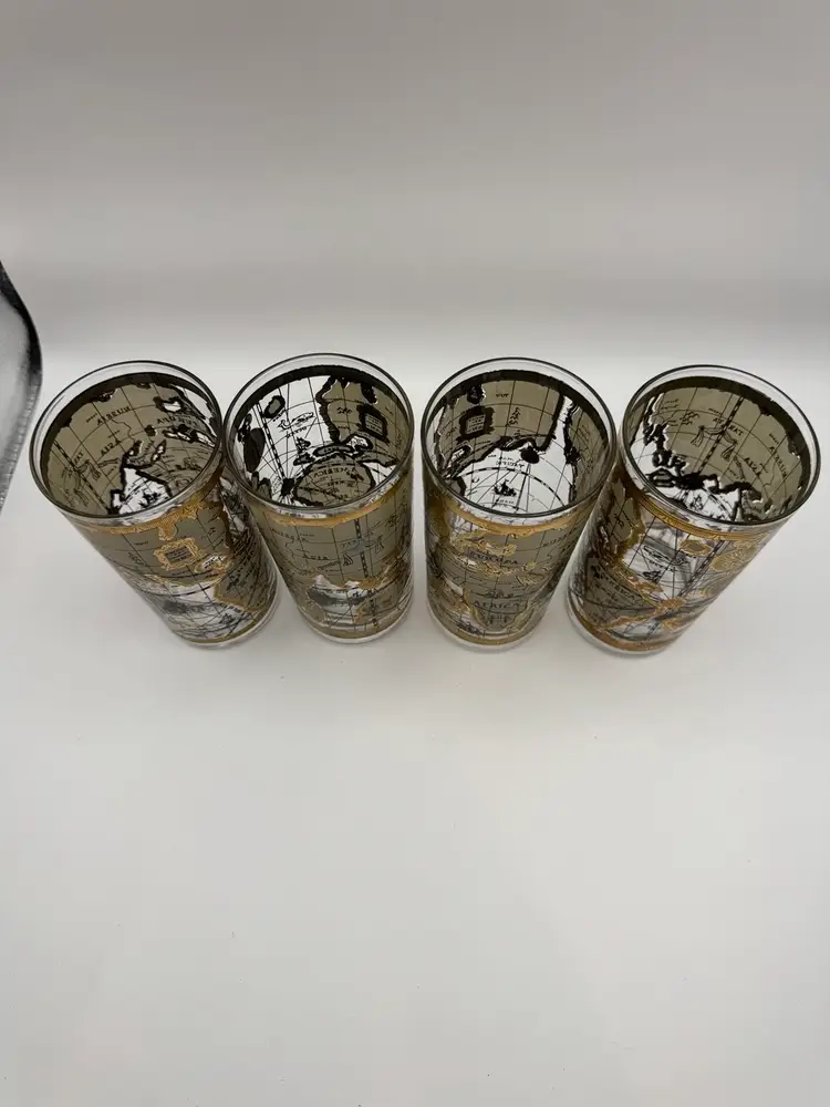 Vintage MCM Cera 22K Gold "Old World Map" Highball Cocktail Glasses 1960's Set Of 4