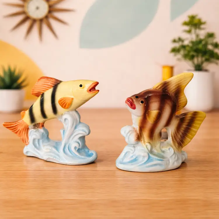 Vintage Japan Ceramic Tropical Fish Figurines Aquarium Art Set of 2 Mid Century MCM