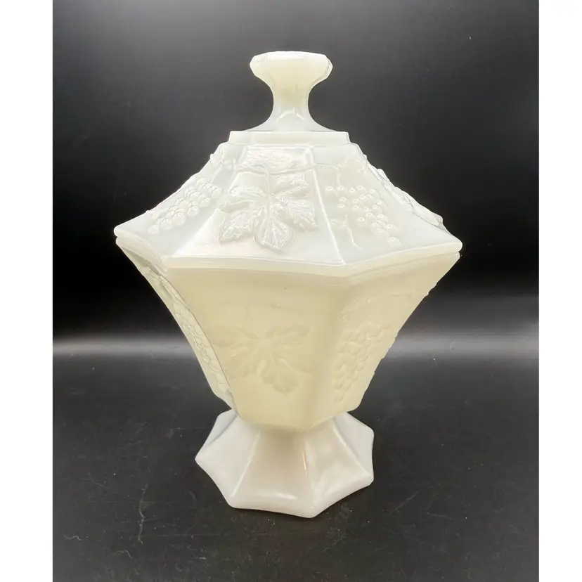 Anchor Hocking Grape Leaf Milk Glass Covered Candy Compote