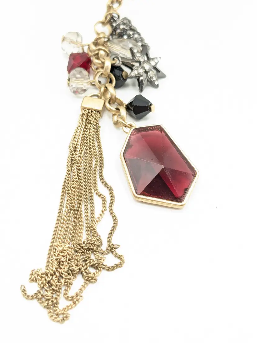 Lane Bryant Red Gemstone Tassel Necklace Gold Tone