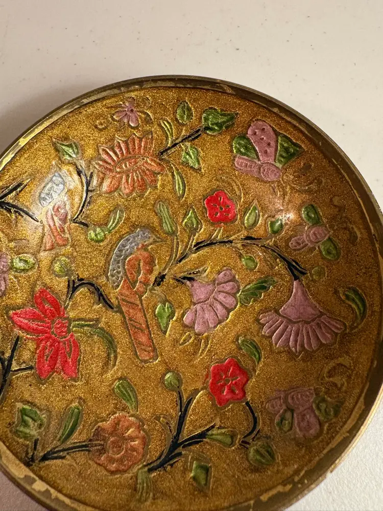 Two 4” CLOISONNE enameled BRASS footed bowl trinket dish w birds & flowers