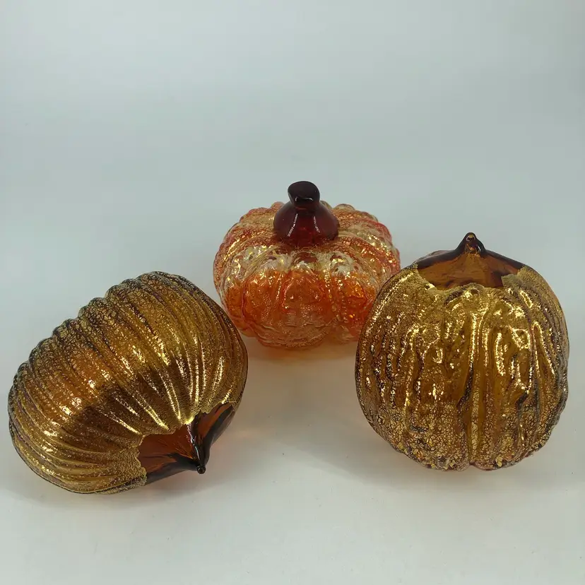 Set of 3 Murano Hand-Blown Art Glass Halloween Fall Pumpkins