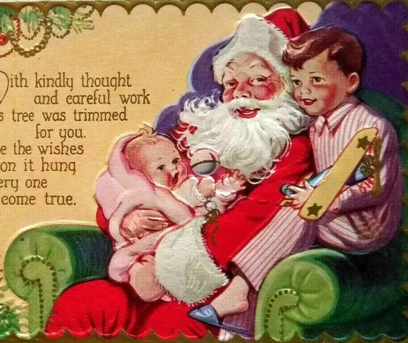 Vintage Christmas Postcard Santa Holding Baby Embossed Original Unused Series 53