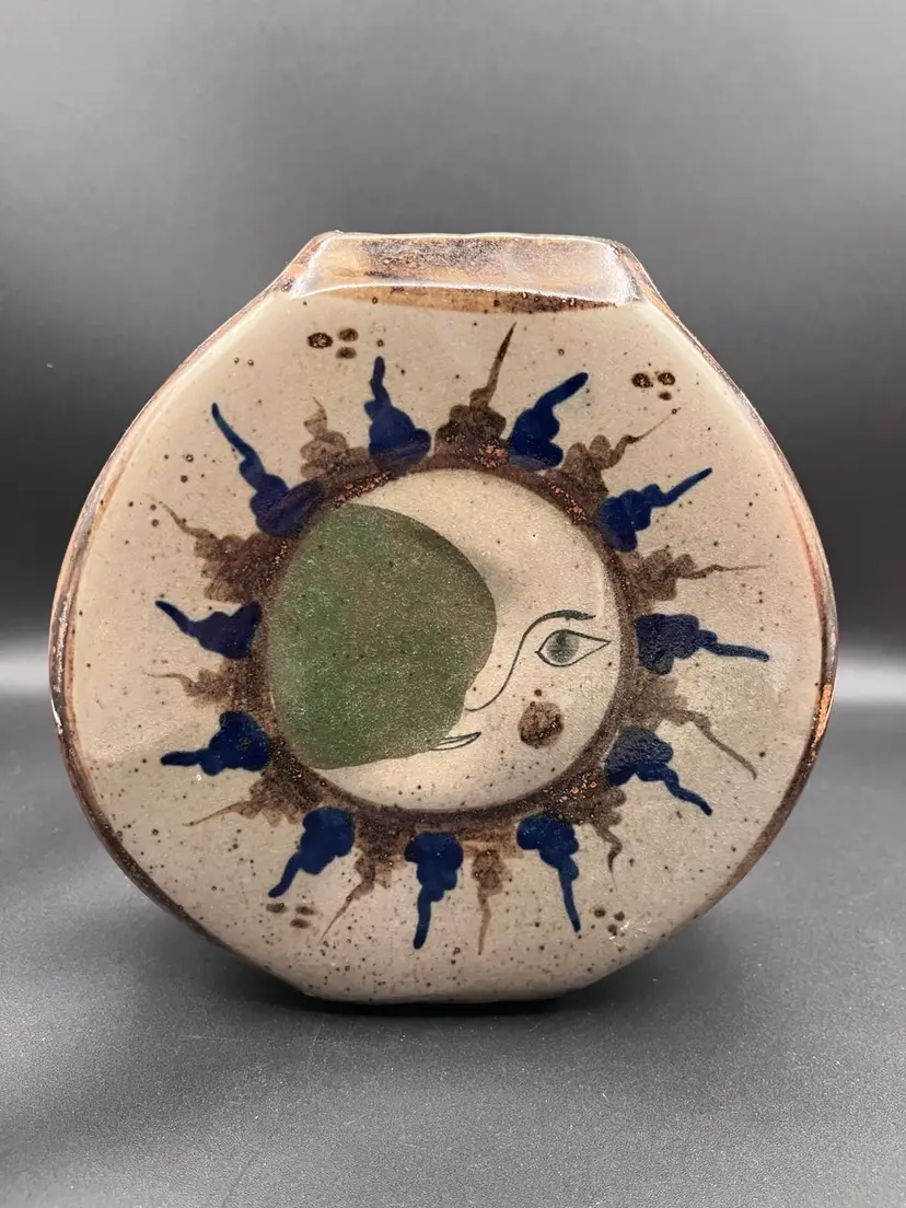 #12 Large Round Sun & Moon Face Mexican Folk Art Pottery 8”