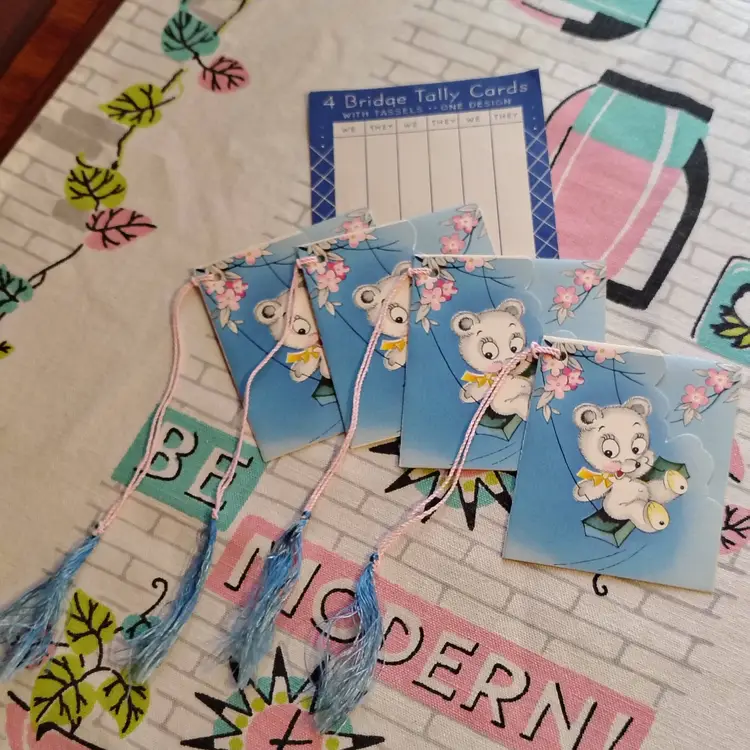 Vintage Bridge Tally Card Set | Kitschy Cute Bear on a Swing Design | Decorated Bridge Tally Cards With Tassels | Unused Set of 4 Tallies With Scorecard and Original Wrapper | 1940s A-Meri-Card Made in USA