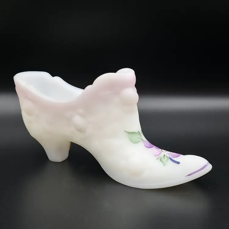 Fenton Cabbage Rose White Satin Glass Slipper With Hand-painted Grape Design Signed