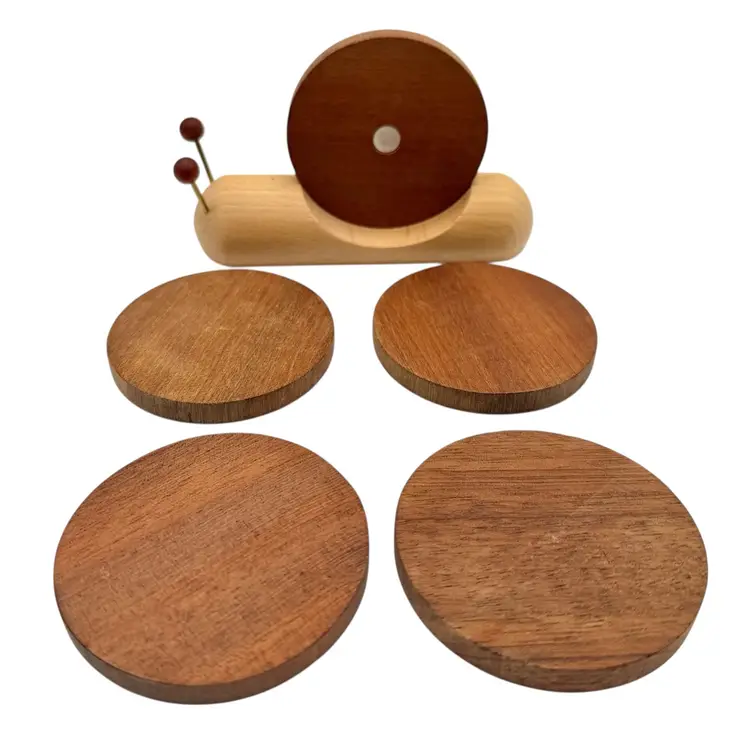 Set of 4 Snail Shape Wood Drink Coasters Magnetized with Holder Cottagecore 3”