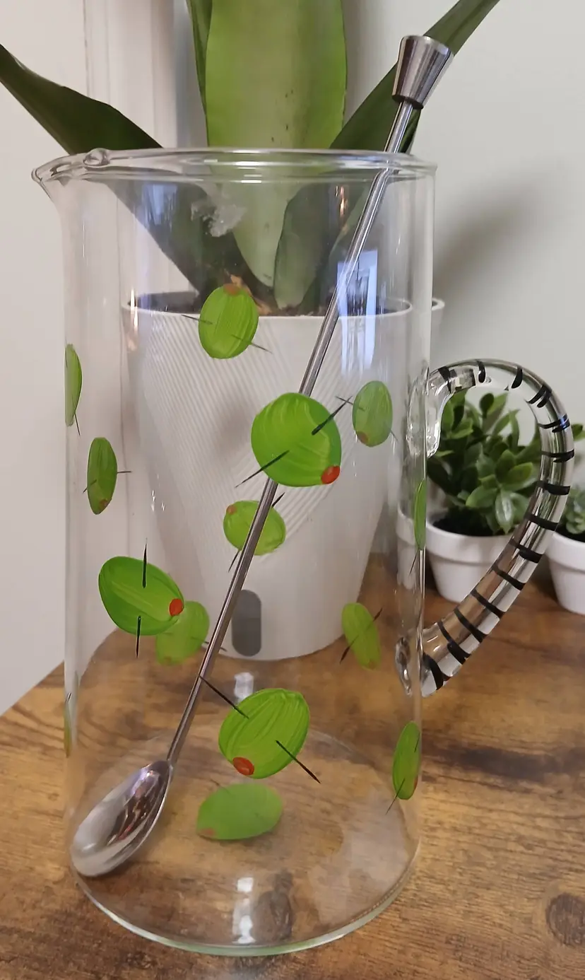 Retro Hand Painted  Olive Martini Glass Pitcher with Stirrer