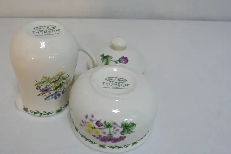 Thomson Pottery China Floral Garden Lily Iris Geraniums Sugar Creamer Set of 2