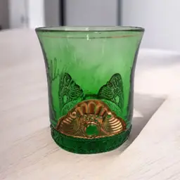 Antique 1918 U.S. Glass Colorado Lacy Medallion Souvenir Tumbler – Green EAPG Gold Decorated Gift Glass – Etched “William” – Victorian Era