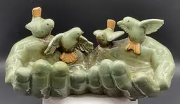 Vtg Art Pottery Ceramic Bird Feeder Sculpture Trinket Dish With Birds On Hands
