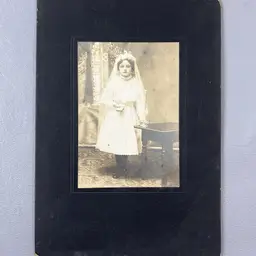Antique Cabinet Card Photo Young Girl Holy Communion Rosary Bible Candle Dress