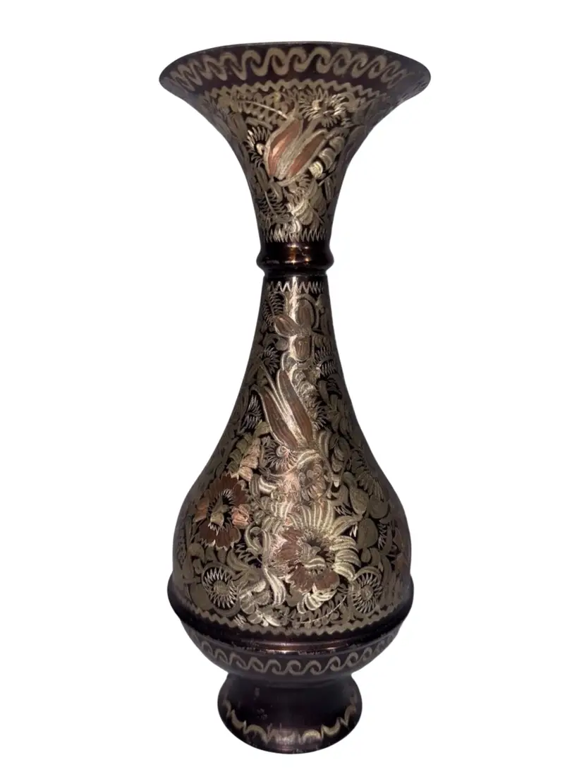 Copper Hand Etched Floral Vase 9"  *has dings* See Photos Vintage