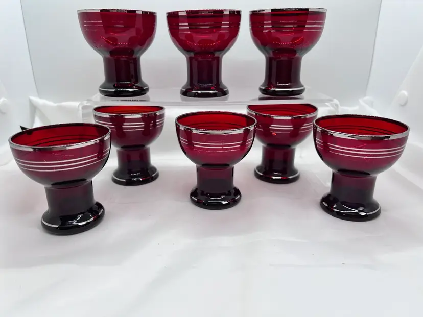 Beautiful Set Of Vintage Ruby Red Cordial Glasses With Applied Silver Rings