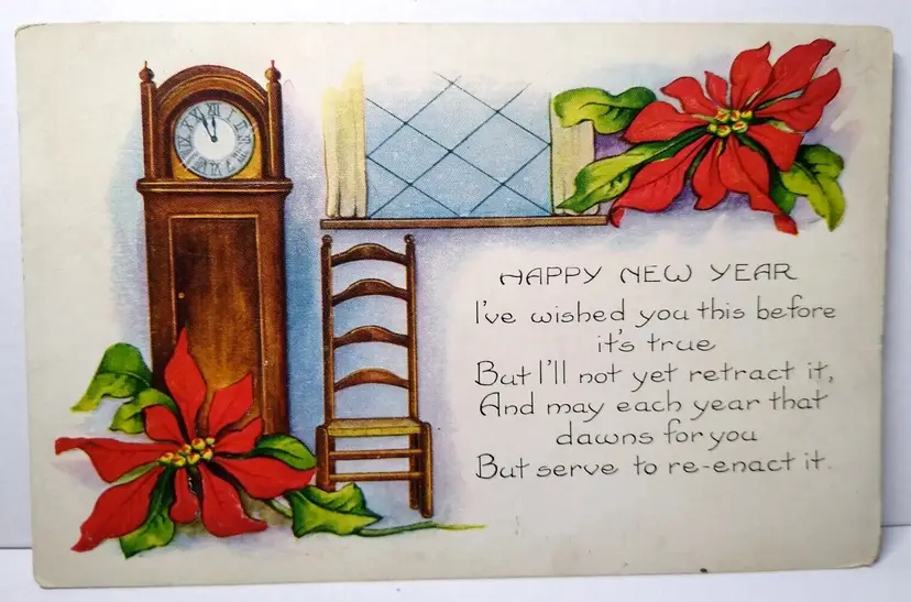 New Year Postcard Girl Grandfather Clock Poinsettias Whitney Embossed Vintage